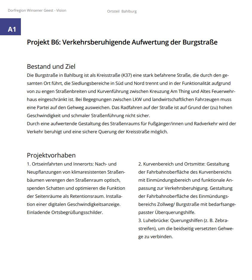 Projektsteckbrief B6 mit den Abschnitten Bestand und Ziel sowie Projektvorhaben.