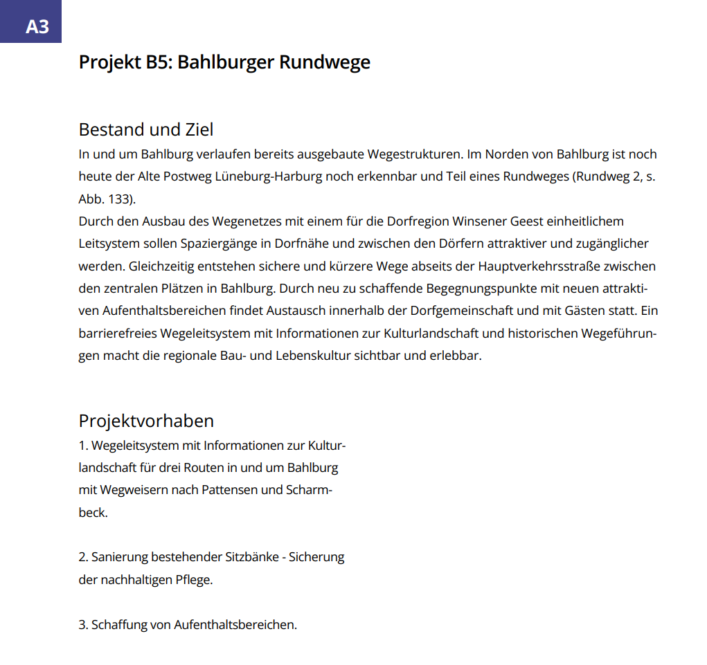 Projektsteckbrief B5 Bahlburger Rundwege mit den Abschnitten Bestand und Ziel sowie drei Projektvorhaben.